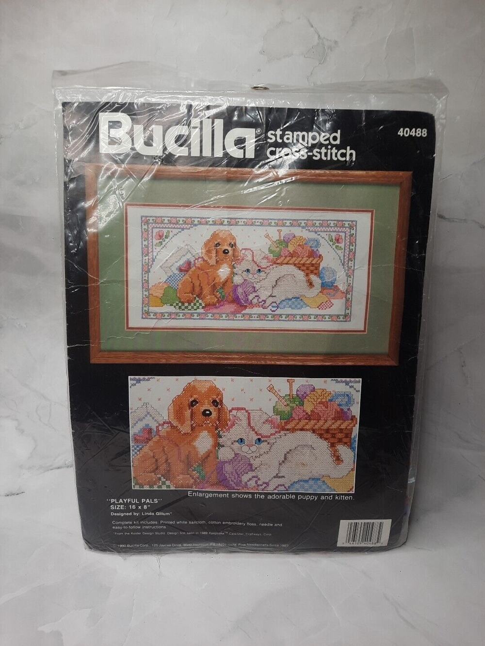 Vintage Bucilla Stamped Cross Stitch Kit Playful Pals 40488 16x8 Puppy Kitten